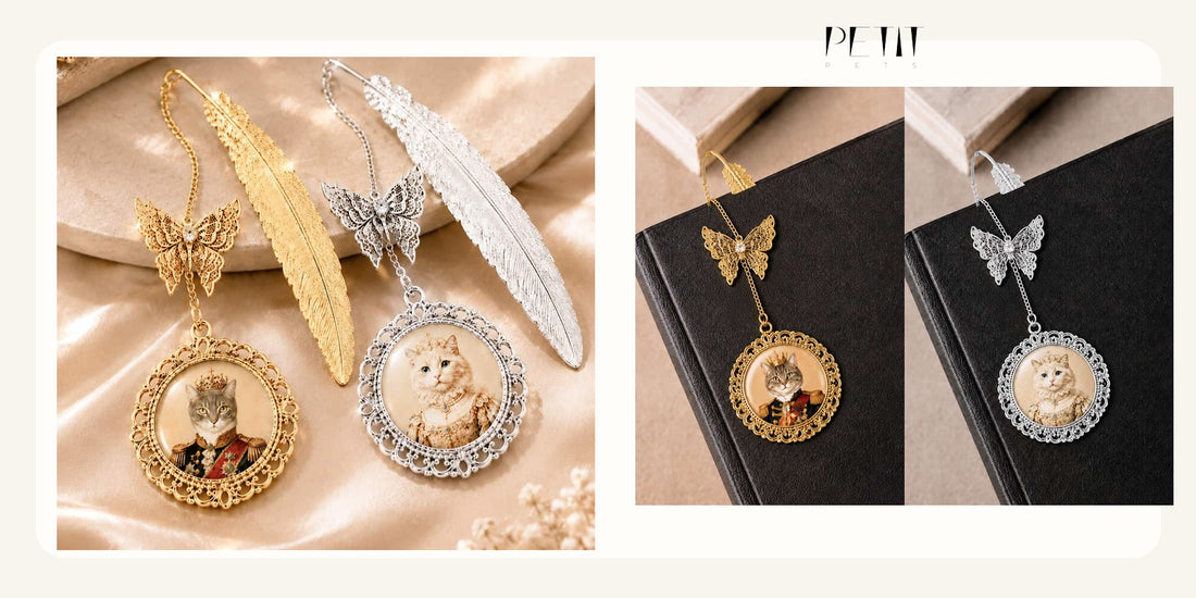 Petit Pets custom pet photo bookmark gift guide using real gold and silver personalized bookmark photos.