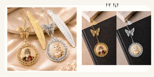 Petit Pets custom pet photo bookmark gift guide using real gold and silver personalized bookmark photos.