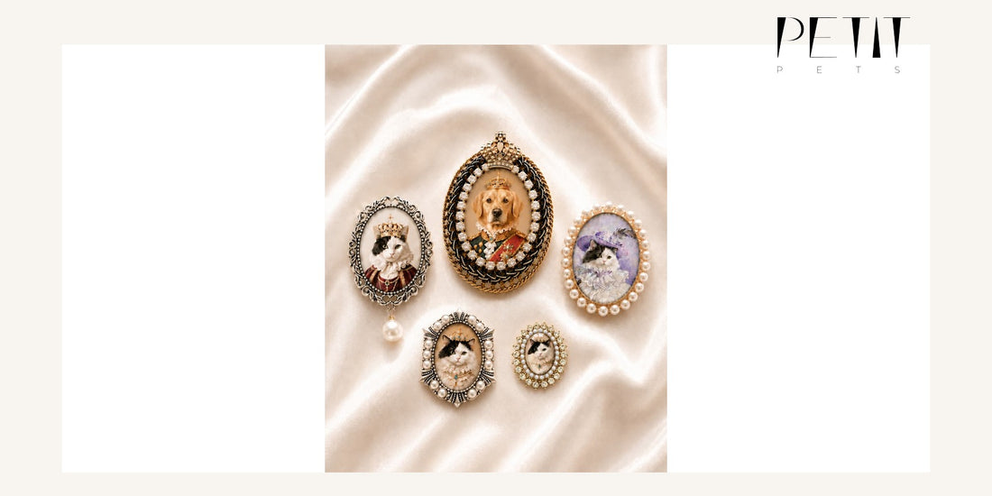 Petit Pets custom pet pin from photo hero using a real custom pet portrait brooch image with Crystal Royal featured.