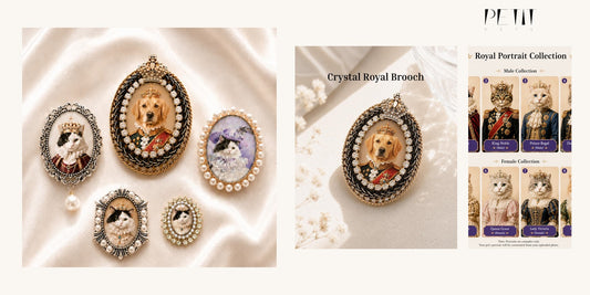 Petit Pets custom pet pin and pet portrait brooch guide using real Crystal Royal brooch product images.