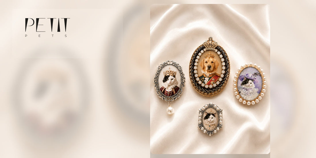 Petit Pets custom pet portrait brooch designs with Crystal Royal as the featured brooch style.