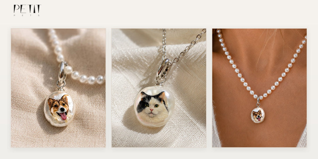 Petit Pets custom pet photo necklace shown with real Gold O-Chain, Round Pearl Chain, and Angel Wings Pearl Chain options.