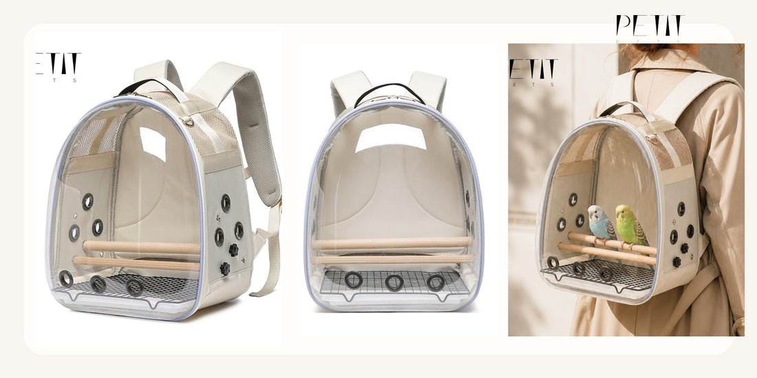 Petit Pets bird backpack carrier training guide using real backpack carrier product photos.
