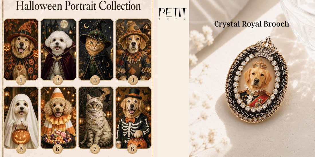 Real Petit Pets Halloween pet portrait and custom pet brooch product imagery for a seasonal personalized keepsake article.