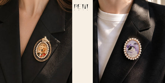 Real Petit Pets custom pet portrait brooch worn on a jacket for a Halloween pet accessory article.