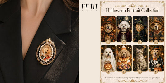 Real Petit Pets Halloween pet portrait products and a custom pet brooch worn as a personal outfit accessory.