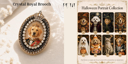Real Petit Pets Halloween pet portrait products and custom pet brooch imagery used for a seasonal personalized keepsake article.