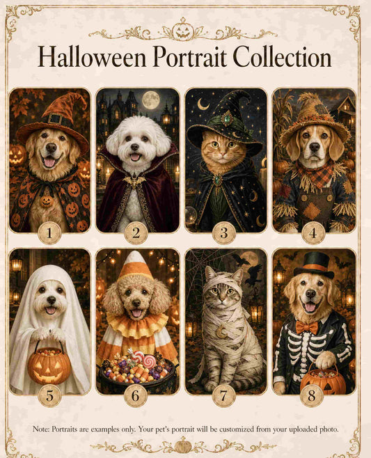 Petit Pets Halloween pet portrait collection showing real personalized pet portrait style options for seasonal keepsakes.