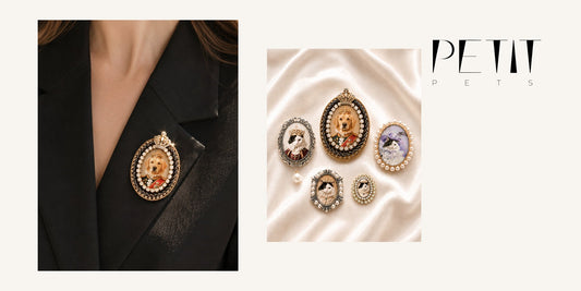 Petit Pets custom pet portrait brooch styling guide using real brooch product photos on satin and on a black blazer.