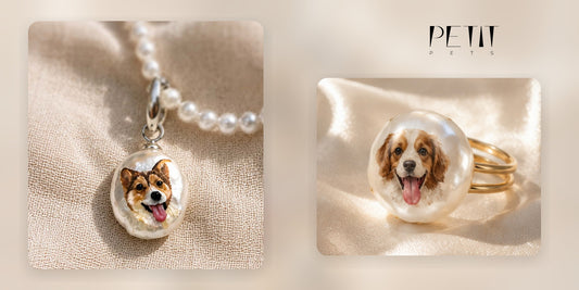 Petit Pets personalized pet pearl jewelry guide showing real custom pet portrait pearl necklace and pearl ring options.