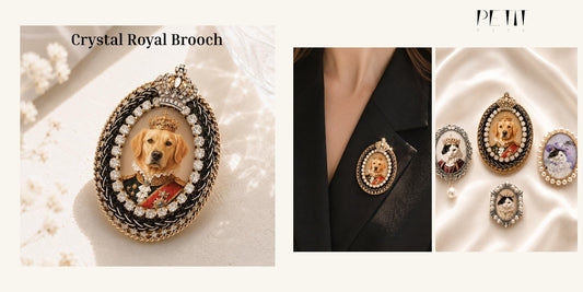 Petit Pets personalized pet brooch gift guide using real Crystal Royal brooch, wearing photo, and full brooch set images.