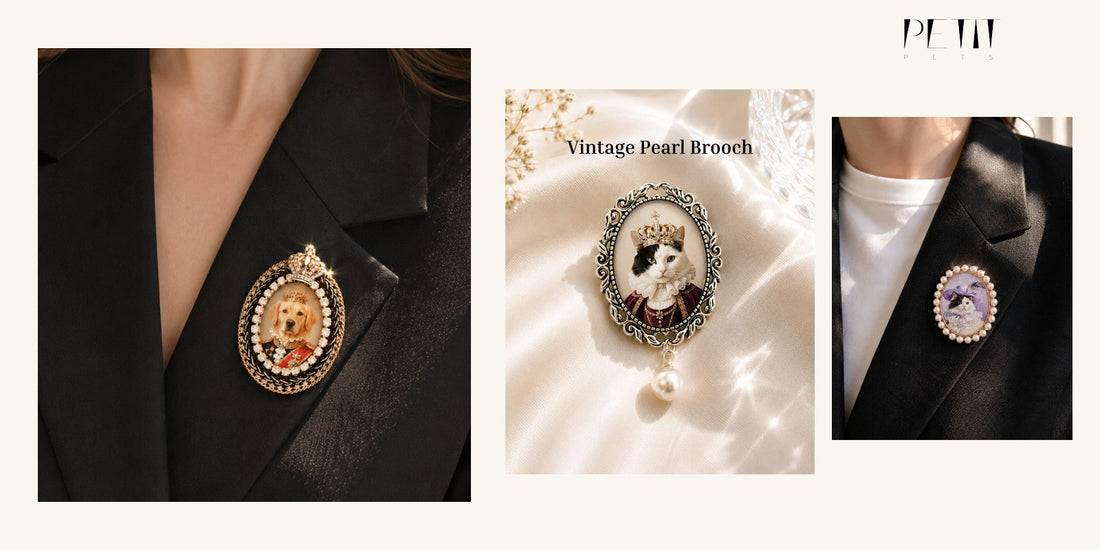 Petit Pets personalized pet brooch gift guide using real Crystal Royal and Vintage Pearl brooch product photos.