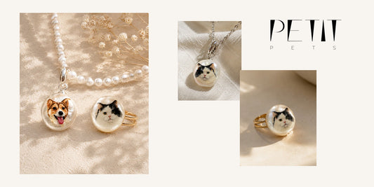 Petit Pets personalized pet jewelry for cat moms using real pearl necklace, pearl ring and custom pet portrait jewelry photos.