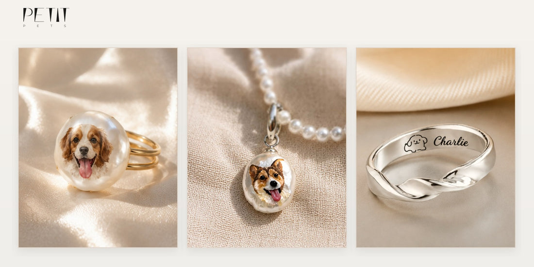 Petit Pets personalized pet jewelry gift ideas with real custom pet portrait necklace, ring, and memorial ring.