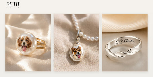 Petit Pets personalized pet jewelry gift ideas with real custom pet portrait necklace, ring, and memorial ring.
