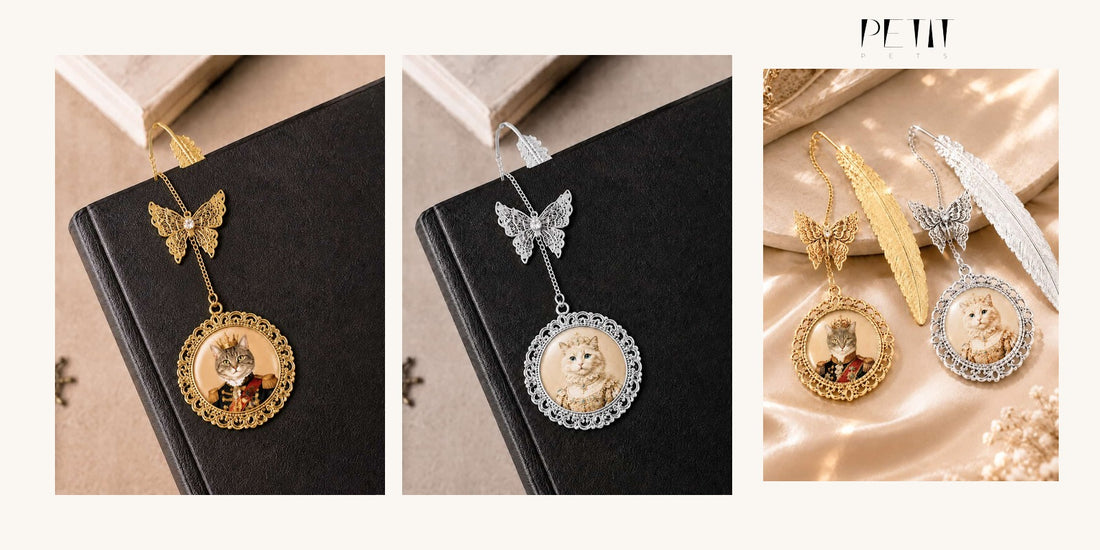 Petit Pets personalized pet memorial bookmark guide using real gold and silver custom pet photo bookmark images.