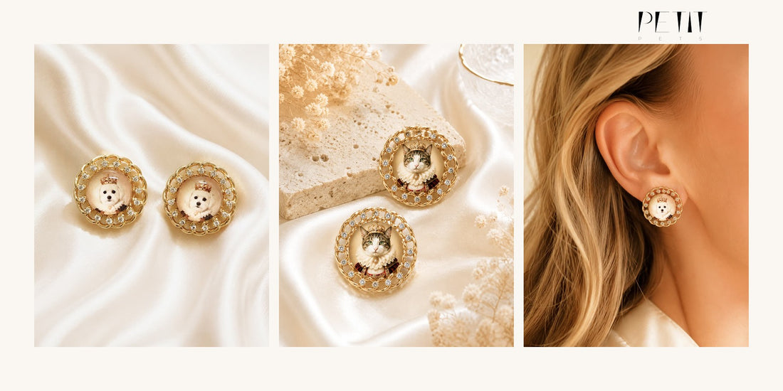 Petit Pets personalized pet photo earrings gift guide using real custom dog and cat portrait earring product photos.