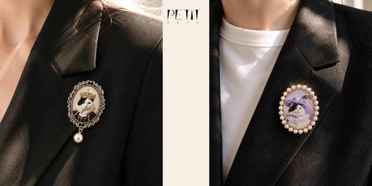 Real Petit Pets personalized Royal style dog portrait brooch worn on a jacket.