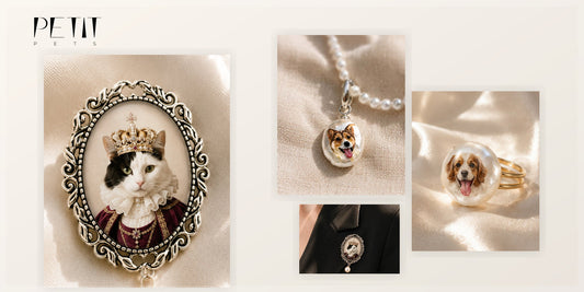 Petit Pets pet memorial gift guide featuring real custom pet portrait brooch, pearl necklace, and pearl ring keepsakes.