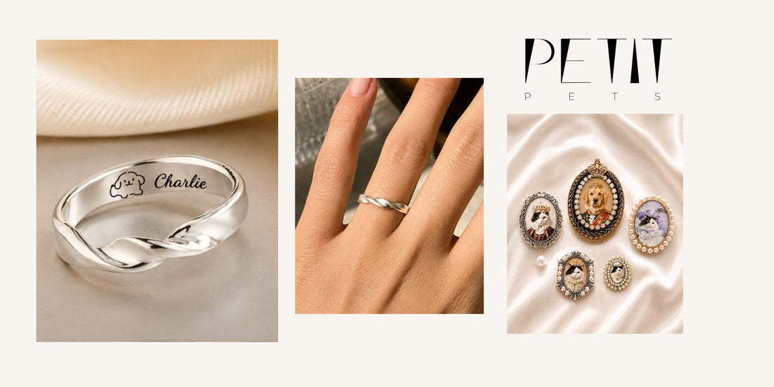 Petit Pets pet memorial jewelry guide using real custom pet memorial ring and custom pet portrait jewelry photos.