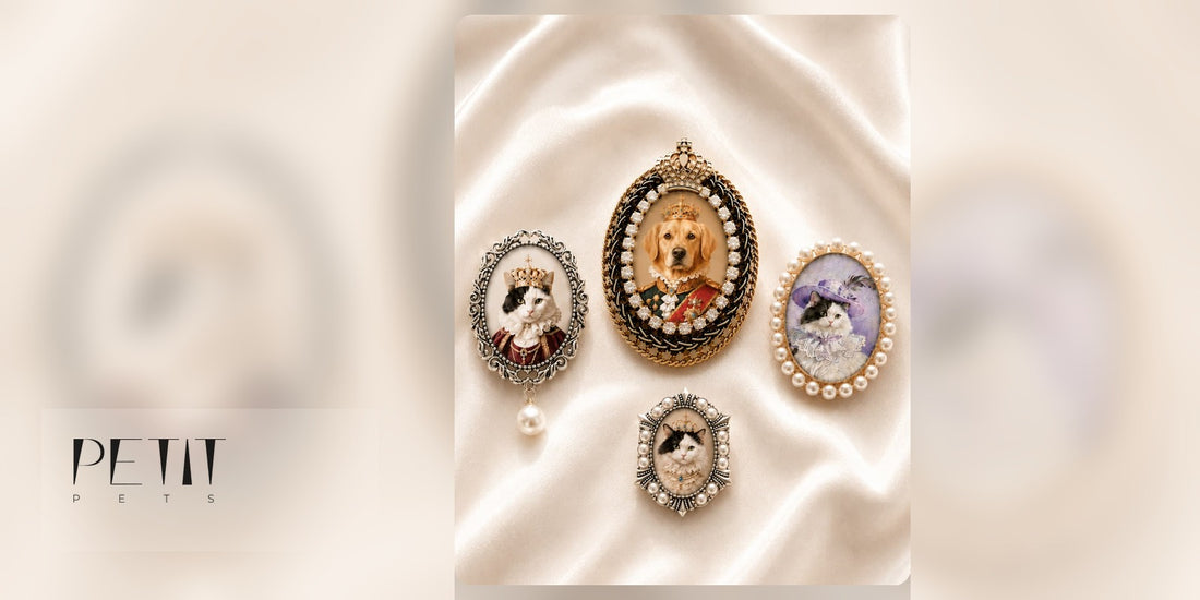 Petit Pets custom pet photo brooch style guide showing four real brooch designs with Crystal Royal as the featured style.
