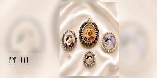 Petit Pets custom pet photo brooch style guide showing four real brooch designs with Crystal Royal as the featured style.