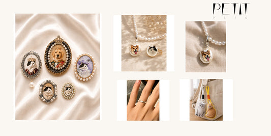 Petit Pets pet photo memorial gifts guide using real custom pet brooch, pearl portrait jewelry, memorial ring and keychain product photos.