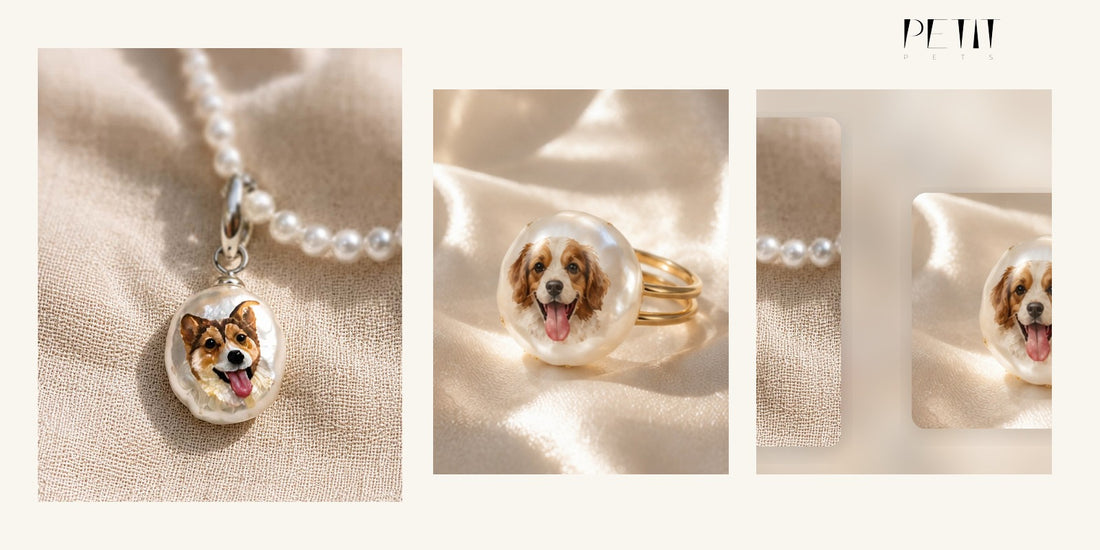 Petit Pets personalized pet portrait necklace, adjustable ring, and matching bundle gift guide using real Baroque Pearl jewelry product images.
