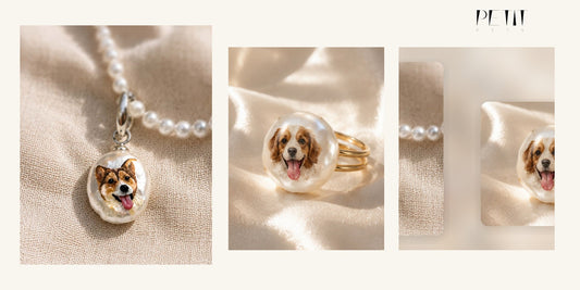 Petit Pets personalized pet portrait necklace, adjustable ring, and matching bundle gift guide using real Baroque Pearl jewelry product images.