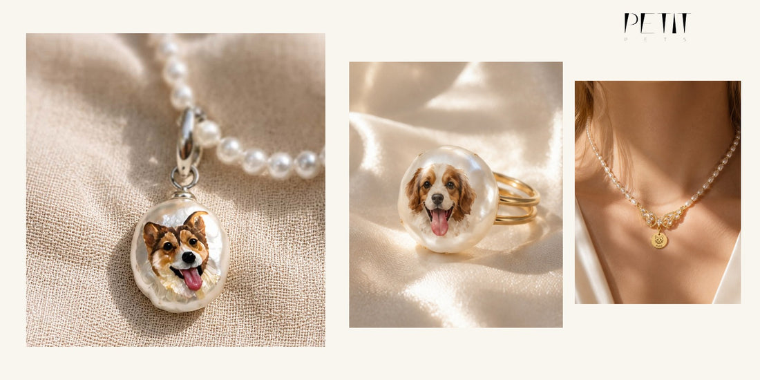 Petit Pets personalized pet portrait baroque pearl necklace and ring shown as a matching keepsake set.