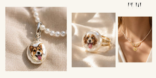 Petit Pets personalized pet portrait baroque pearl necklace and ring shown as a matching keepsake set.