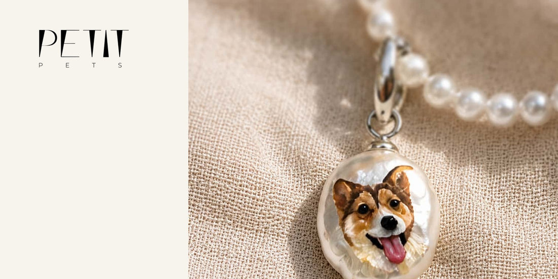 Real Petit Pets personalized pet portrait pearl necklace shown as a wearable pet keepsake.