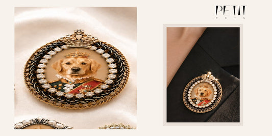 Petit Pets real custom pet portrait brooch featuring the Crystal Royal style created from a pet photo.