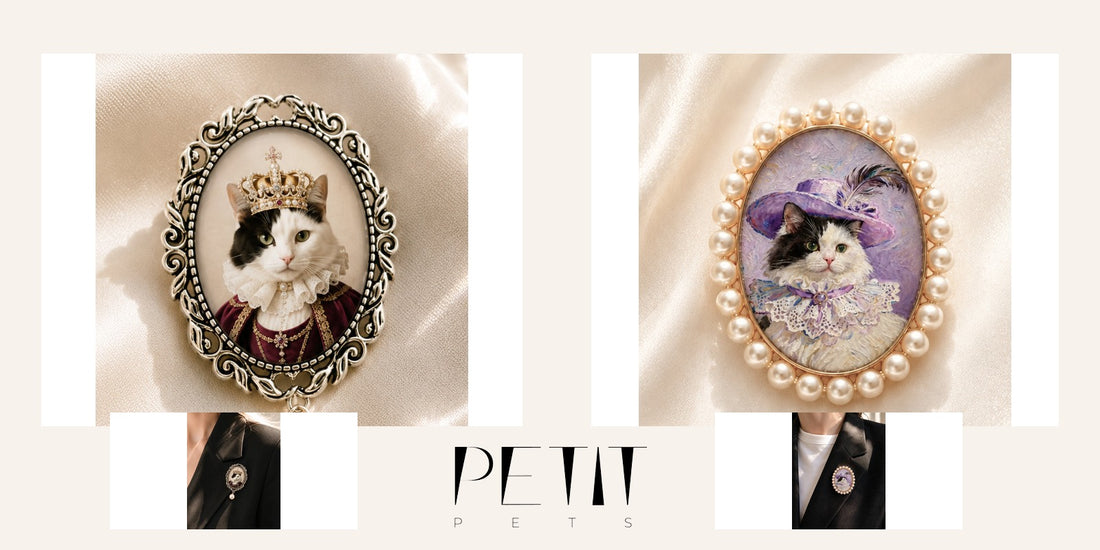 Petit Pets Vintage Pearl and Pearl Frame custom pet brooch comparison using real product and wearing photos.
