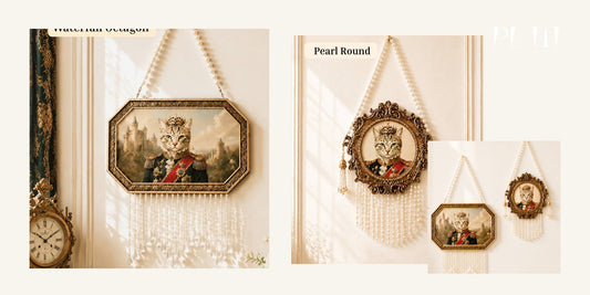 Petit Pets Waterfall Octagon and Pearl Round custom royal pet portrait frame comparison using real product images.