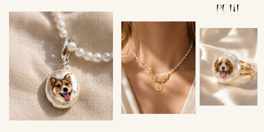 Petit Pets real personalized pet portrait pearl necklace shown as an everyday wearable pet keepsake.