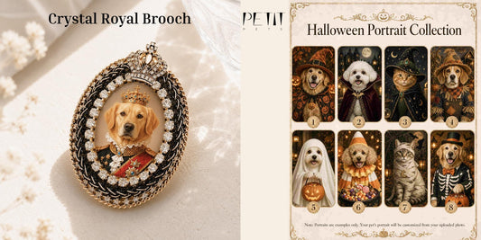 Real Petit Pets Halloween pet portrait and custom pet brooch product imagery for a seasonal personalized keepsake article.