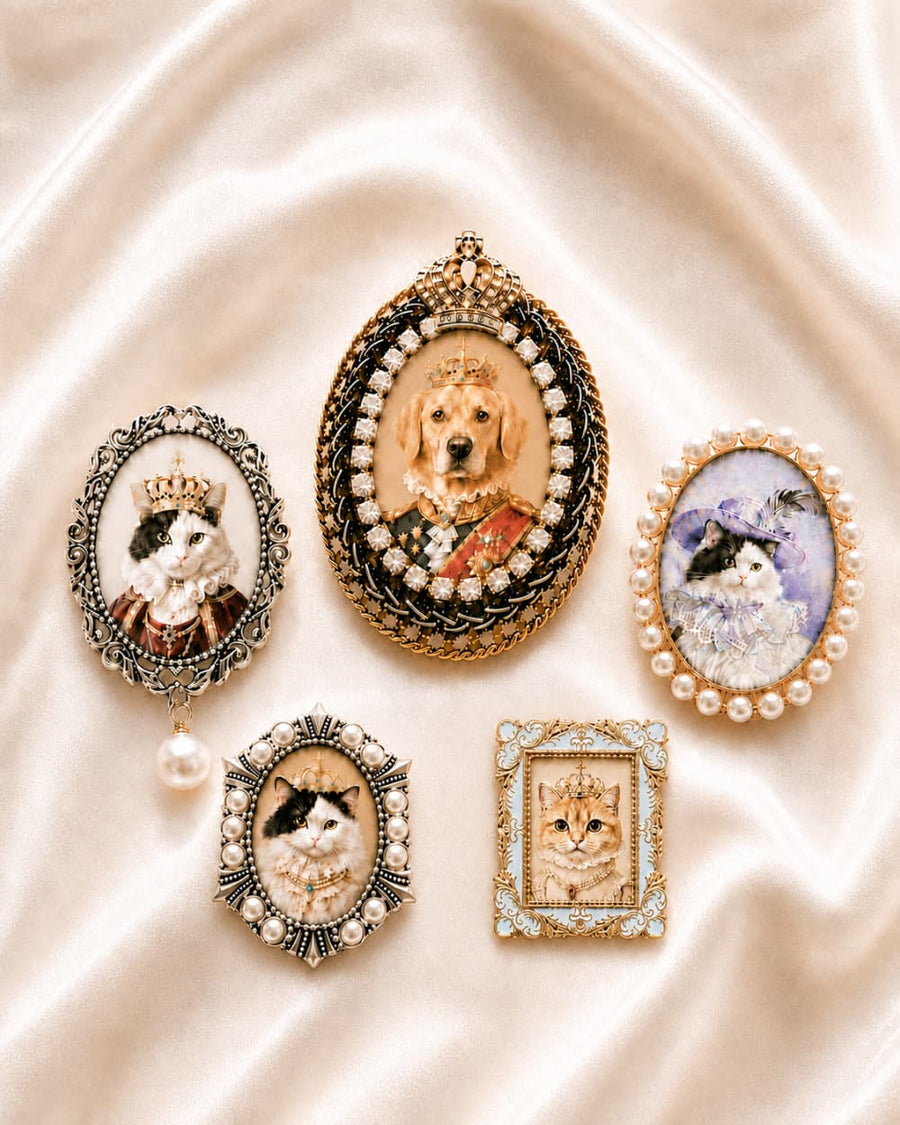 Five custom pet portrait brooch examples in pearl, crystal, vintage and square frames.