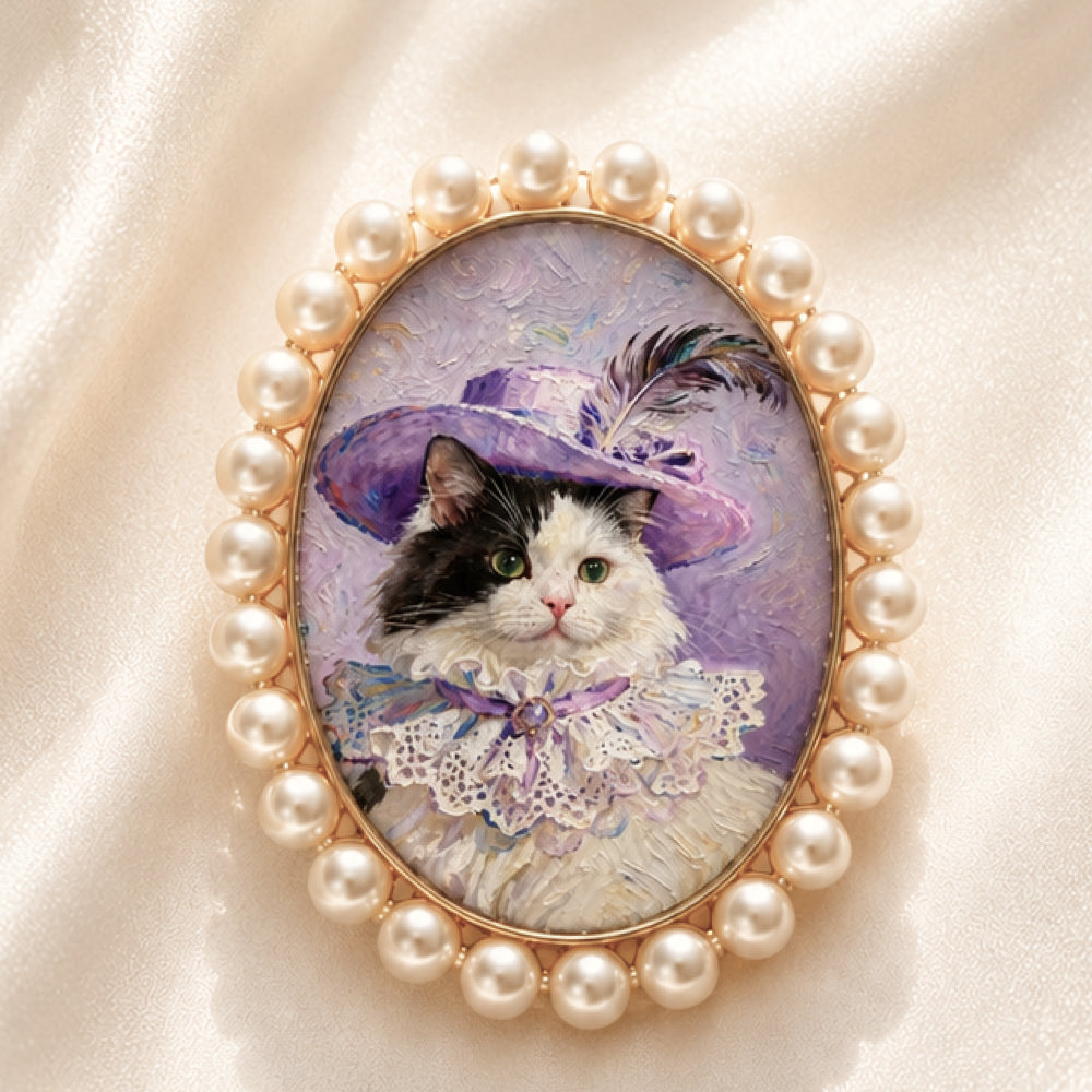 Close-up of Pearl Frame Brooch with personalized cat portrait.
