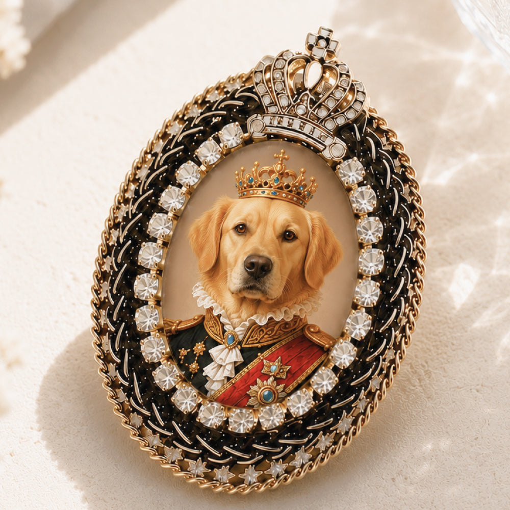 Close-up of Crystal Royal Brooch with personalized dog portrait.