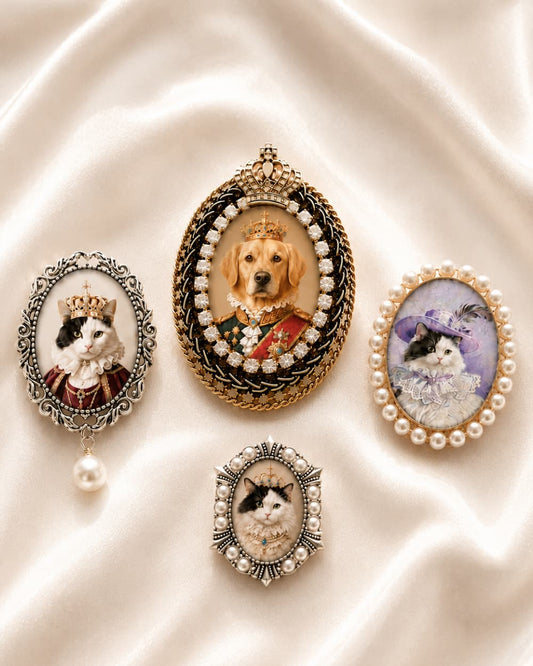 Four custom pet portrait brooch designs on satin, including pearl and crystal styles.
