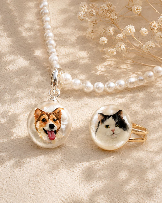 Personalized pet portrait pearl necklace and ring bundle with custom dog portraits
