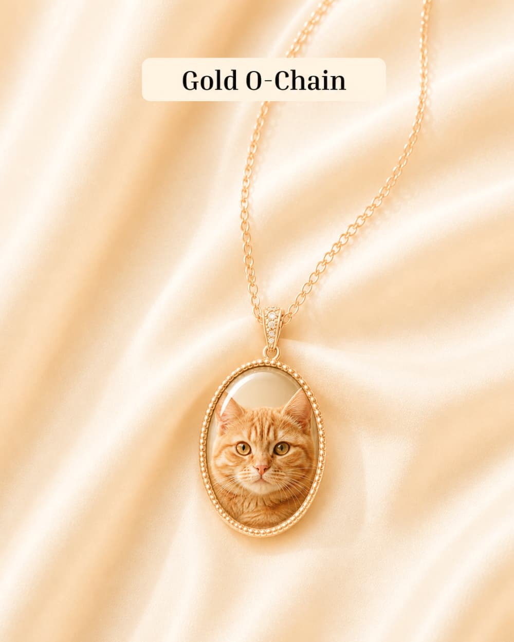 Custom pet photo necklace with Gold O-Chain and personalized portrait pendant.