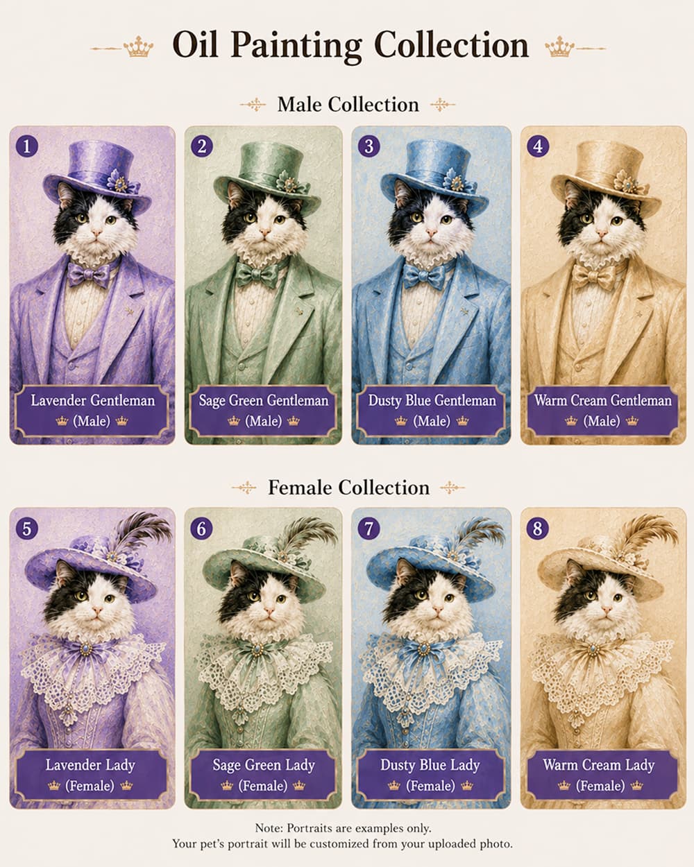 Oil Painting Collection examples for personalized pet portrait brooch designs.