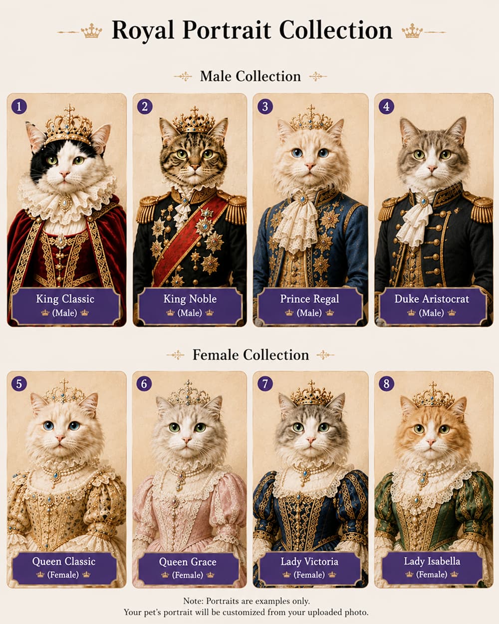 Royal Portrait Collection examples for custom pet portrait brooch personalization.