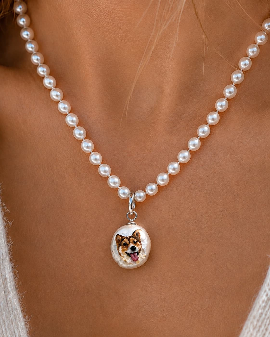 Personalized dog portrait pearl necklace pendant detail