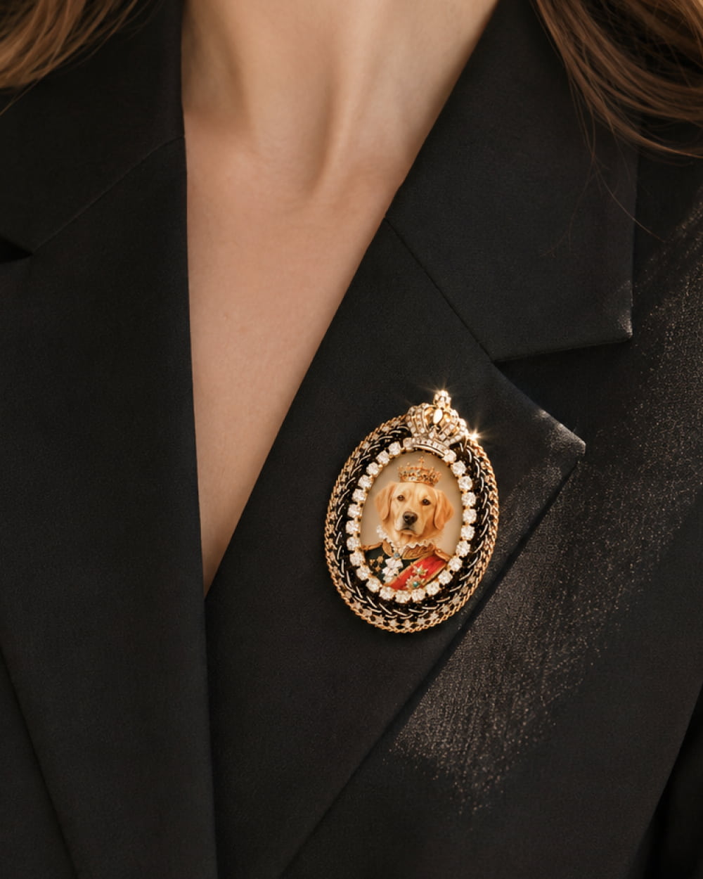 Crystal Royal custom pet portrait brooch worn on a black blazer.