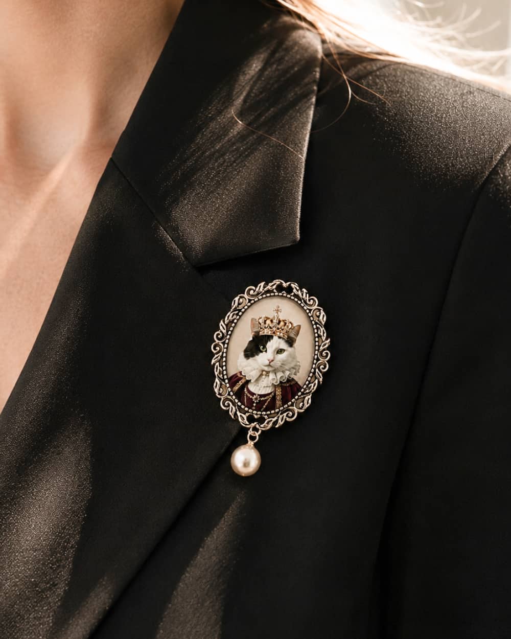 Vintage Pearl custom pet portrait brooch worn on a black blazer.