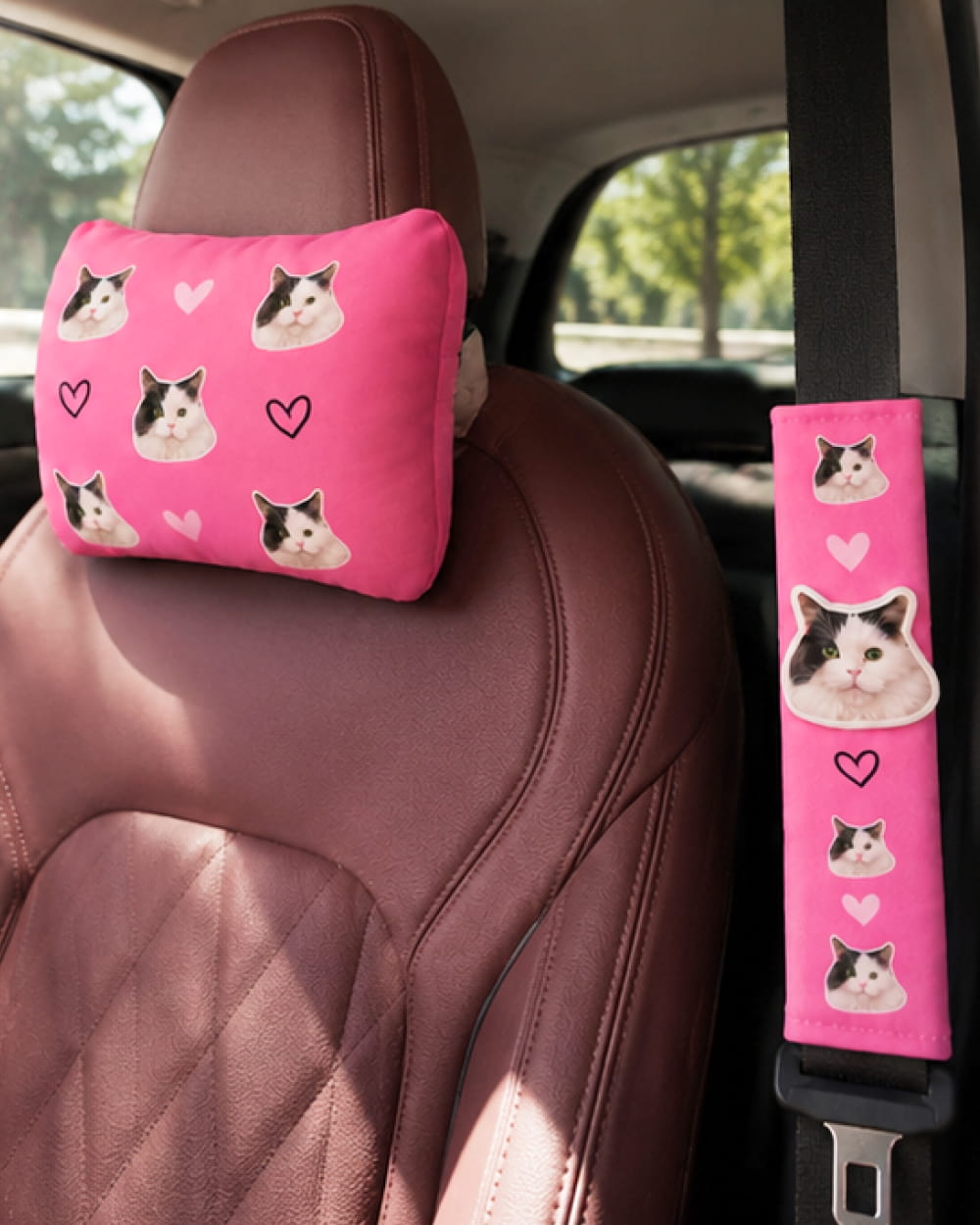 Personalized seat belt cover and headrest pillow set with custom 3D cat portrait.