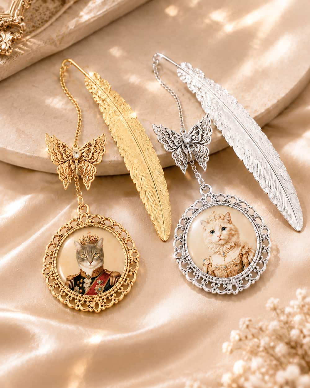 Gold and silver custom pet photo bookmarks shown together as a personalized gift for book lovers and pet owners.